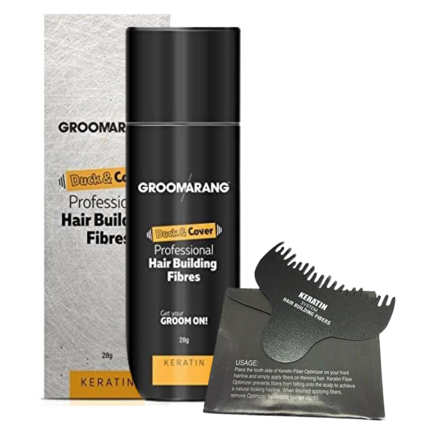 Hair Fibres GROOMARANG Keratin Hair Building Fibres for Thinning Hair - Instantly Conceals Thinning Areas for Fuller Thicker Hair - For Men & Women 28g PLUS Hairline Optimiser (Black)