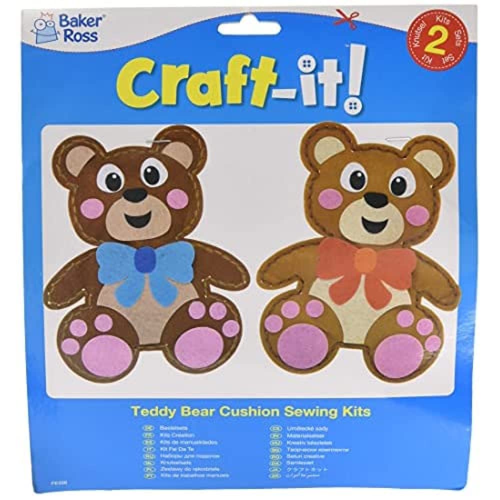 Baker Ross FE356 Teddy Bear Cushion Sewing Kits - Pack of 2, Sewing Set for Children, Creative Activities for Kids, Ideal Arts and Crafts Project