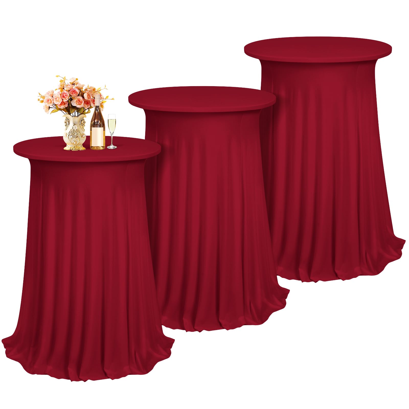 Photo 1 of 3 Packs Cocktail Table Covers Burgundy Round Bar Table Cloth Wine Red 32"x 43" Spandex Stretch High Top Table Covers with Wavy Drapes Fitted High Top Table Cloth for Party Wedding Banquet Bar Table