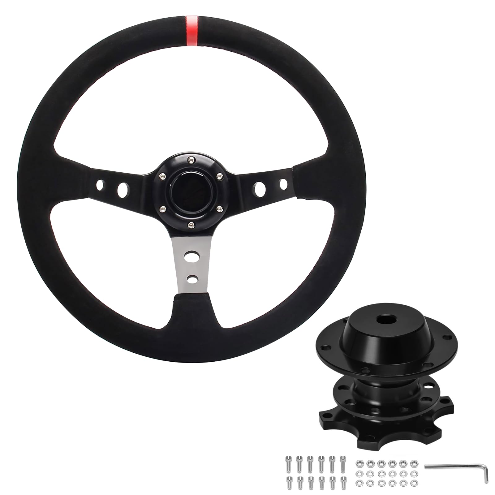 Photo 1 of Piodelo Universal Racing Steering Wheel, 14"/350mm Deep Dish 6 Bolt Fit for JDM Sport Racing Steering Wheel Suede Horn Button + Quick Release Kit Include Cable, Wrench - Black Red