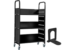 GUDESEN Book Cart w/ 3 Flat Shlelves Single-Sided Book Truck 450LBS Rolling Library Cart with 4 Swivel Lockable Casters for School Library,Home and Office/Blacks