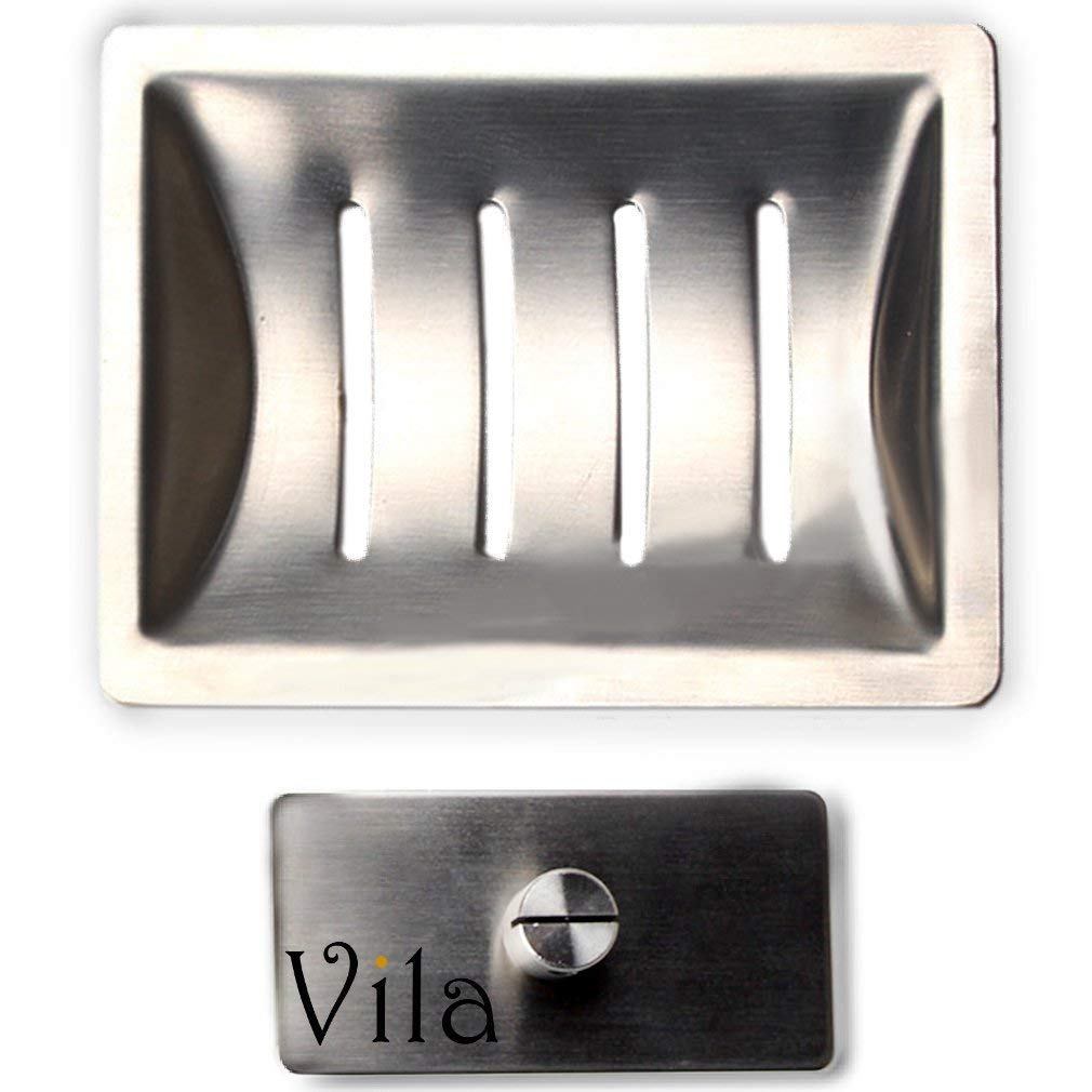Stainless Steel Shower Soap Dish Holder by Vila -- Helps your soap last longer - Stylishly prevents pathogen growth in Bathrooms - Lightweight, Practical - Easy to Install with Included Sticker