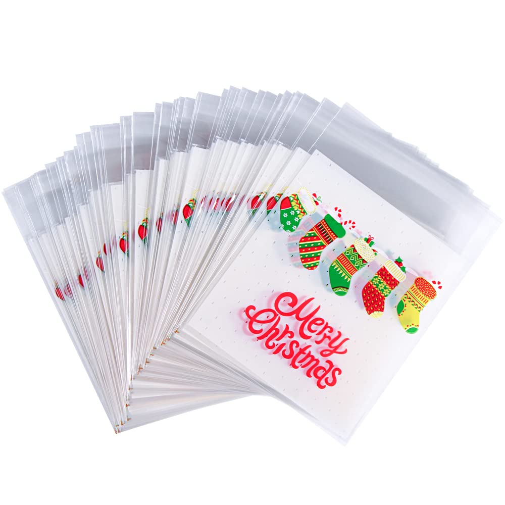 LOKIPA 100 Self Adhesive Christmas Cookie Candy Bags Clear Cellophane Treat Gift Bags