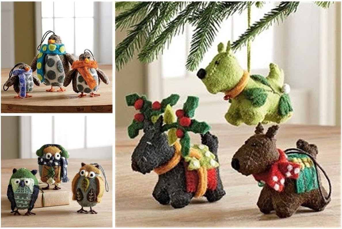 Amazon Com Set Of 3 Penguin Dog Or Owls Christmas Tree Ornaments Company Store Hand Made Dogs Home Kitchen