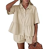 Cicy Bell Womens 2 Piece Outfits Summer Pleated Button Down Shirts High Waisted Shorts Lounge Sets