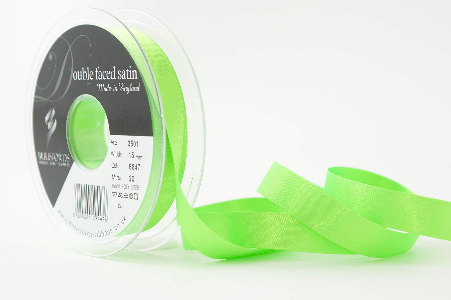 Berisfords Double Satin Ribbon, Flo Green, 15 mm