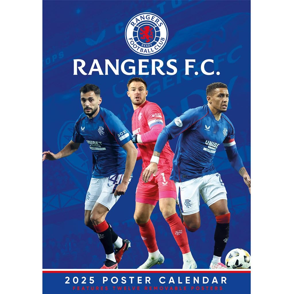 Pyramid International Rangers FC 2025 A3 Poster Calendar – Official Licensed Product, 12 Iconic Team Images, Large A3 Size, Ideal for Rangers Fans, Home, Office, Gifting, Includes Match Dates