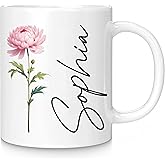 Elemtansy Custom Coffee Mug with Birth Flower & Text, 11oz Ceramic Personalized Mugs for Women, Customized Birthday Gifts for Mom Sister Coworker Best Friend (Flower & Name)