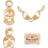 Beebeecraft 1 Box 200Pcs Bead Tips Knot Covers 18K Gold Plated Brass Clamshell Crimp Bead Tips Fold-Over Open End Caps for Jewelry Making DIY Bracelet Necklace Findings (3mm Cup, 1mm Hole)