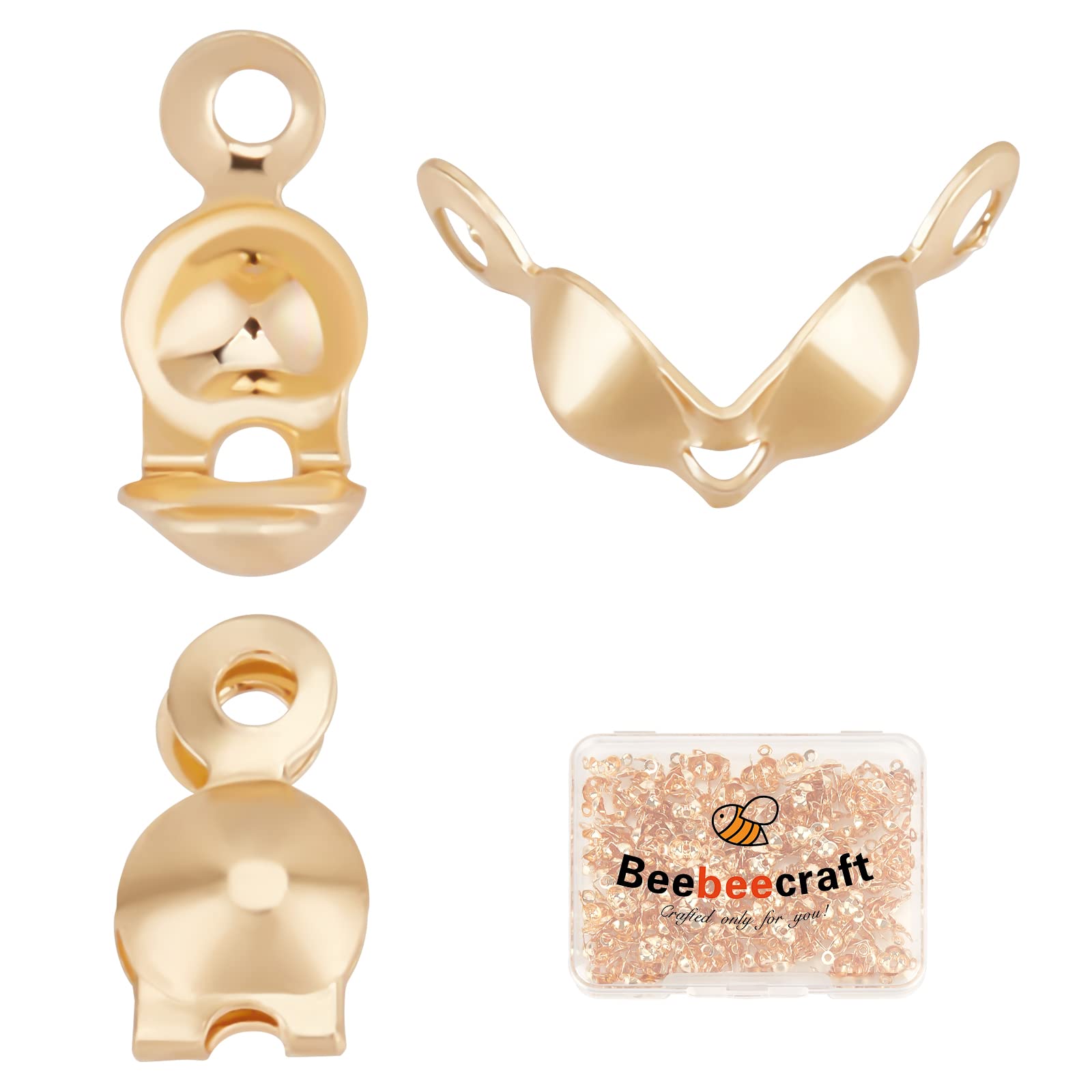 Beebeecraft 1 Box 200Pcs Bead Tips Knot Covers 18K Gold Plated Brass Clamshell Crimp Beads Fold-Over Bead Covers Ends Caps for DIY Bracelets Necklaces (3mm Cup)