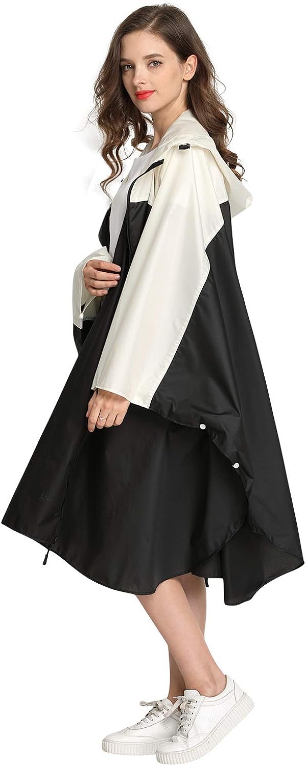 Spmor Rain Poncho Hooded Waterproof Raincoat Jacket for Adults with Zipper Black one Size: Clothing