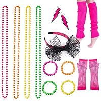 BRT 80s Fancy Dress Accessories Neon Necklace Bracelet Earrings Fishnet Gloves Leg Warmers Headband