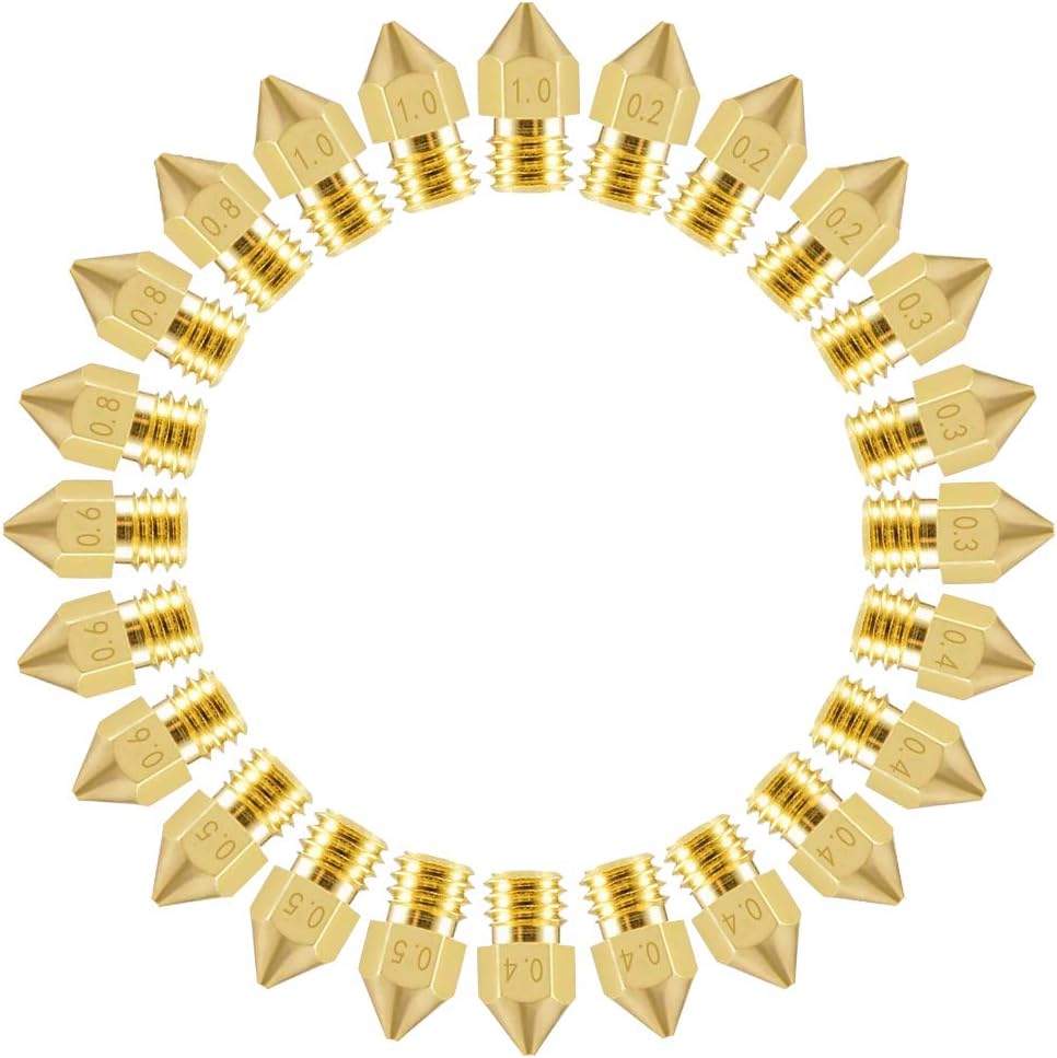 24 Pcs 3D Printer MK8 Nozzles, M6 Brass Extruder Nozzle 0.2mm, 0.3mm, 0.4mm, 0.5mm, 0.6mm, 0.8mm, 1.0mm Brass Extruder Print Head for 3D Printer Anet A8 Makerbot MK8 Creality CR-10 Ender 3