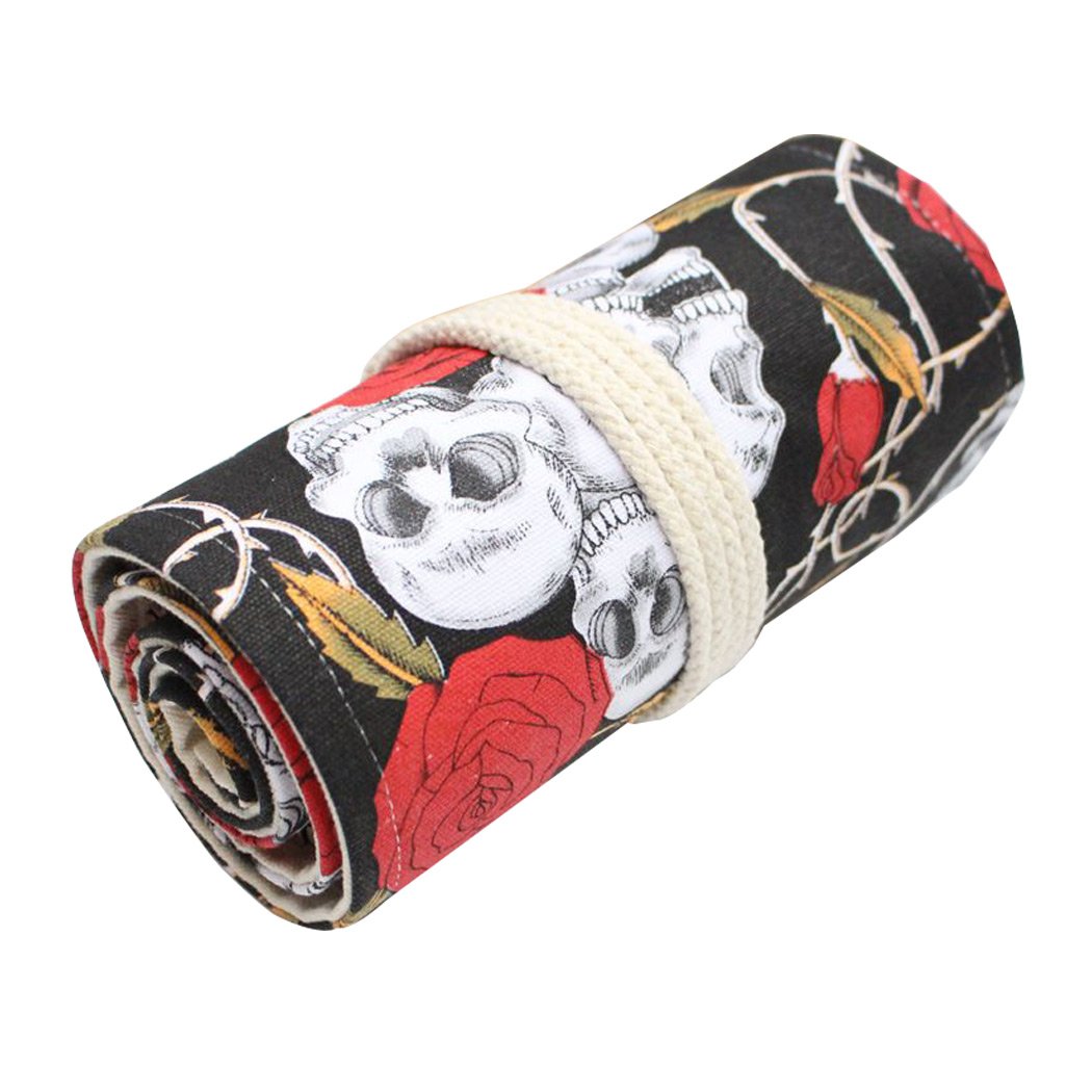 SIPLIV Canvas Roll-up Pencil Wrap, Travel Drawing Coloring Pencils Pouch for Artist, Skeleton Rose Style 36 Holes(Pencils are Not Included)