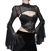 Women Goth Tops Punk Cover Ups Mesh Crop Top See Through Sexy Long Sleeve Blouse Y2k Black Rave Outfit Festival