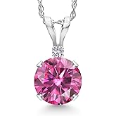 Gem Stone King 14K White Gold Pink Moissanite and Lab Grown Diamond Pendant Necklace for Women | 0.82 Cttw | Gemstone Birthstone | Round 6MM | With 18 Inch Chain
