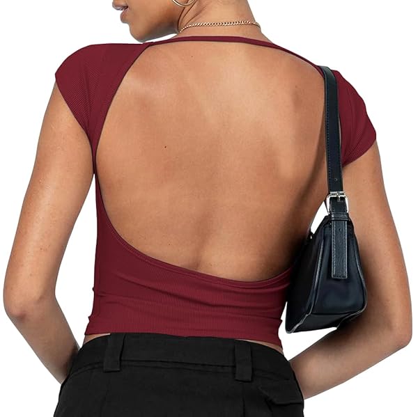 JYCCR WOMEN SEXY BACKLESS SHORT SLEEVE CROP TOP SLIM FIT CREW NECK Y2K CROP TEE(RED,M)