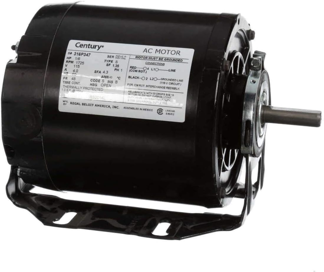 Century AO Smith RS2014L Split-Phase Resilient Motor, 1/6 HP, Split-Phase, 1725 RPM, 115V, 48Z Frame