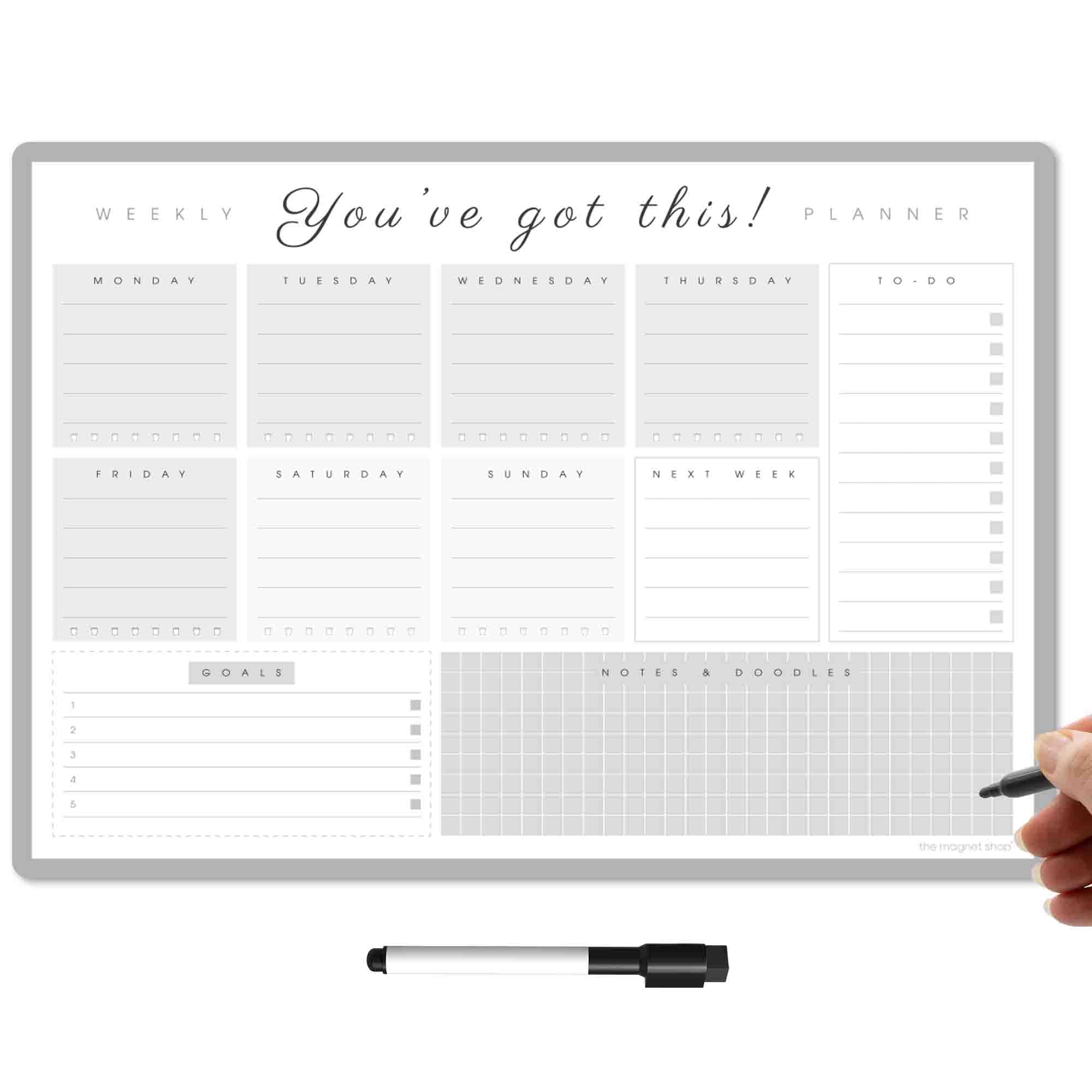 TMS A3 Magnetic Weekly Planner | Made in the UK | Fridge Whiteboard, Memo Board, To Do List, Calendar or Organiser for Work, Office or Family Planning + Dry Erase Pen | Light Charcoal (42 x 30cm)