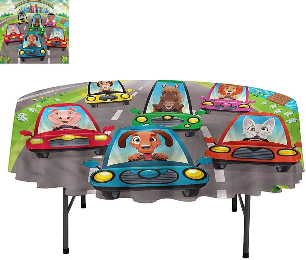 Aishare Store Kids Round Polyester Tablecloth, Doggy Piggy Kitten and Horse, Dust-Proof Table Cover for Kitchen Dinning, Round 54"