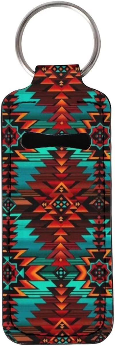 SEANATIVE Tribal Print Lip Balm Holder Keychain Geometric Design Neoprene
