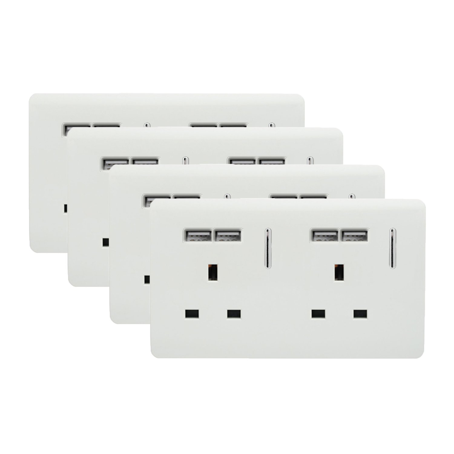 Trendi 2 Gang Artistic Modern Glossy 13 Amp Short USB Switched Plug Socket White x 4 Trade Pack