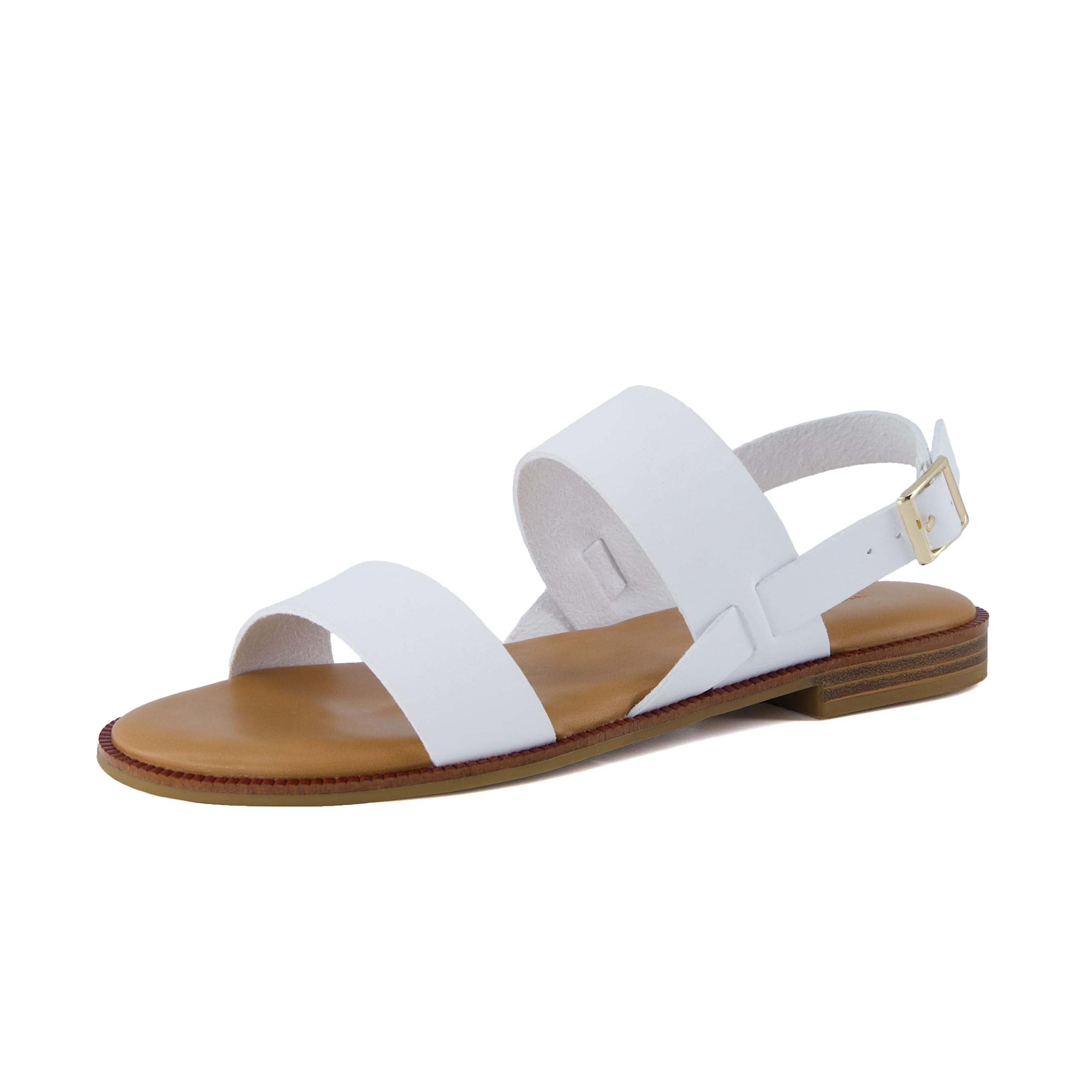 Photo 1 of CUSHIONAIRE Lima Women’s Two-Strap Sandal – Faux Leather Flat with Adjustable Ankle Strap & Cushioned Footbed, WHITE 8.5