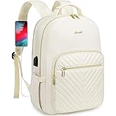 LOVEVOOK Laptop Backpack Purse for Women, Work Travel Computer Bags, College School Backpack for Student Girl, Quilted Casual Daypack with USB Port, Fit 15.6 Inch Laptop, Beige White