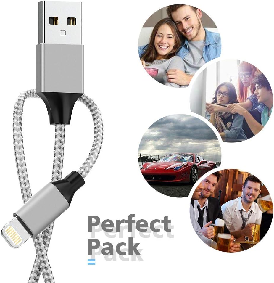 HOVAMP MFi Certified 6Pack[3/3/6/6/6/10ft] Nylon Braided iPhone Charger Lightning Cable Fast Charging&Syncing Long Cord Compatible iPhone 11Pro Max/11Pro/11/XS/Max/XR/X/8/8P/7 and More-Silver&White