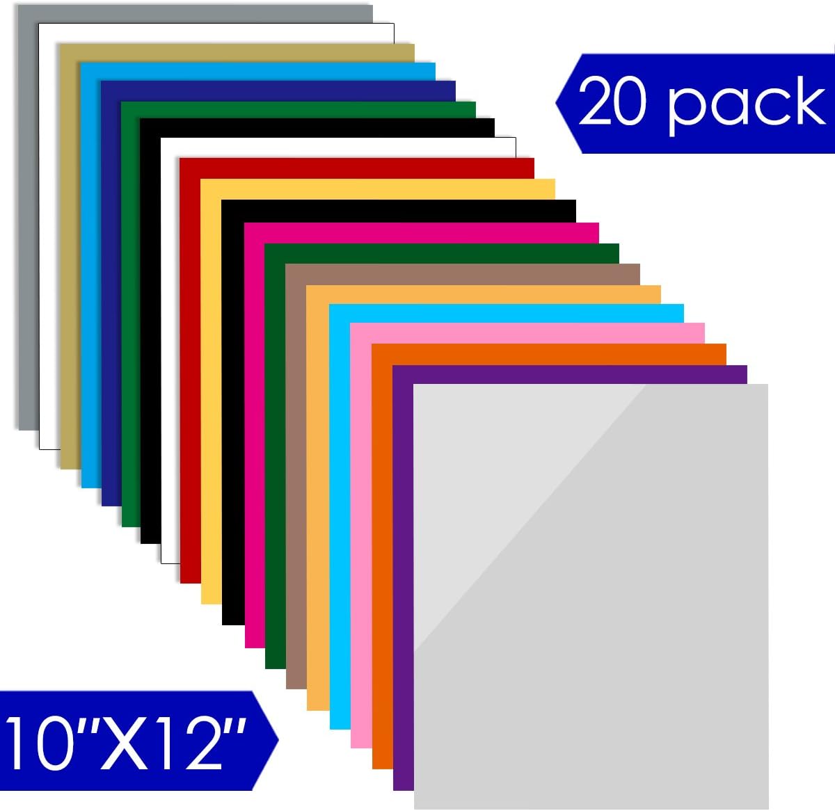 Heat Transfer Vinyl 12" x 10" - 20 Upgrade Quality Sheets Assorted Colors DIY T-Shirt Heat Transfer Bundle Iron On HTV for Cricut and and Other Cutters (ST419)