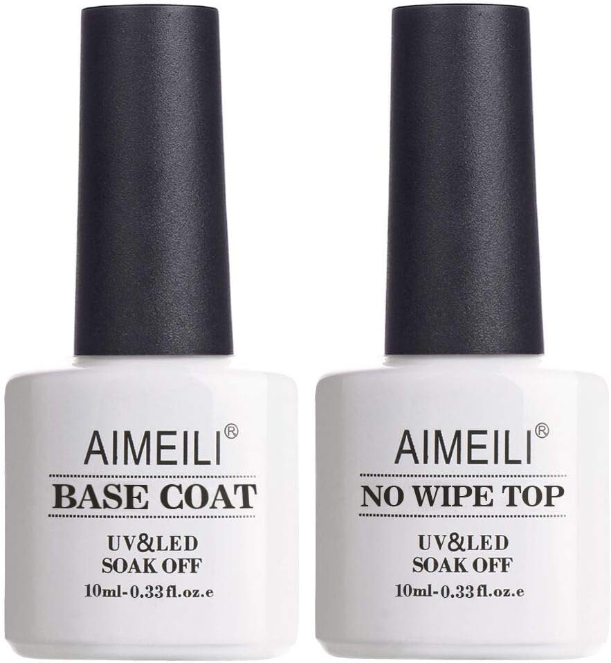 AIMEILI Soak Off UV Gel Polish Base Coat and No Wipe Top Coat Set