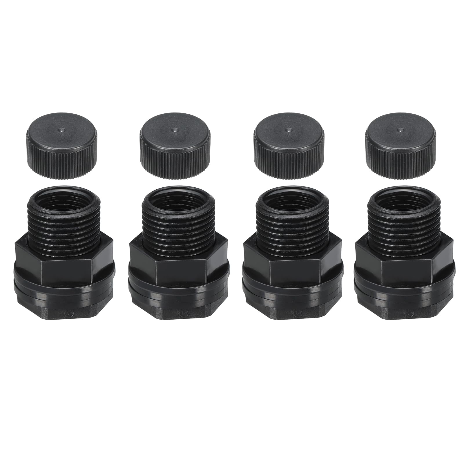 PATIKIL PVC Bulkhead Fitting with Cap NPT1/2 Female x GHT 3/4" Male, 4 Pack Double Threaded Bulkhead Water Tank Connector with Seal Gasket for Rain Bucket, Sinks, Aquariums, Black