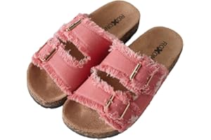 Roxoni Women's Comfort Flat Sandals Double Buckle Adjustable Straps Flat Slides Footbed Suede