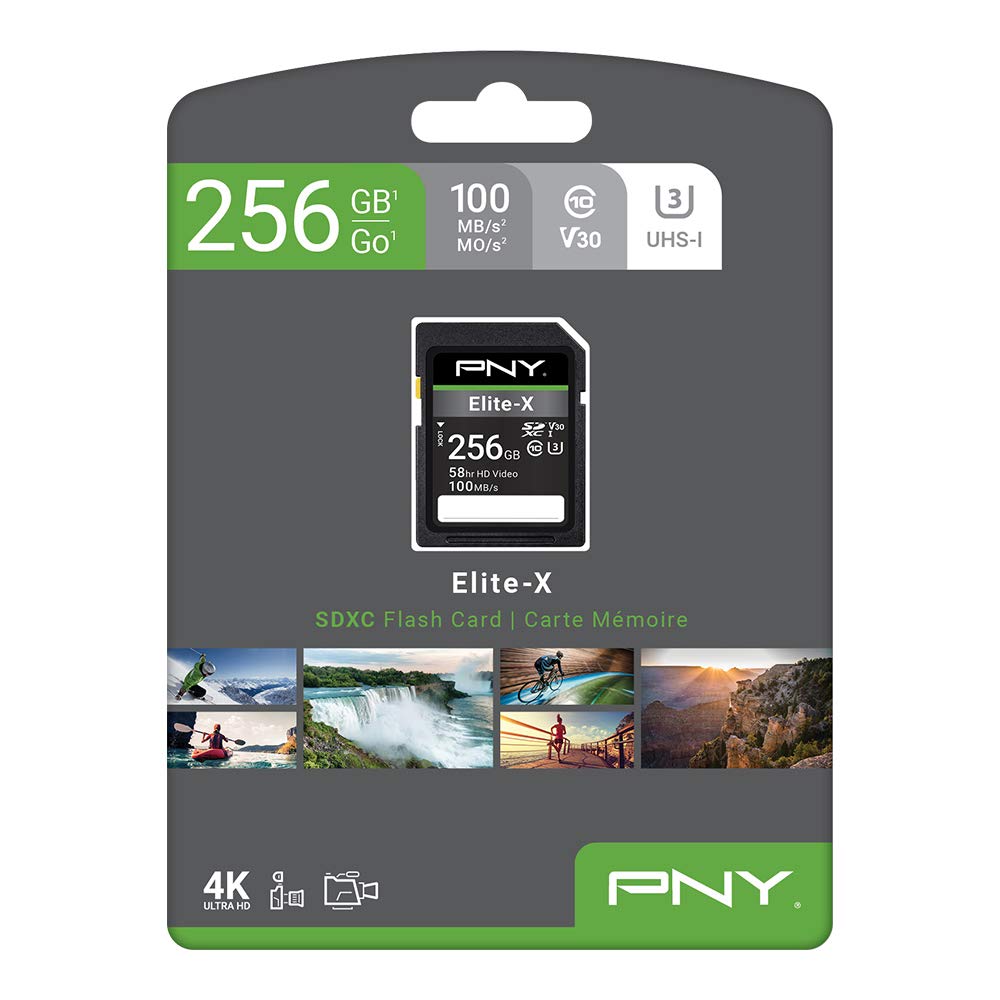 PNY 256GB Elite-X Class 10 U3 V30 SDXC Flash Memory Card - 100MB/s, Class 10, U3, V30, 4K UHD, Full HD, UHS-I, Full Size SD (Pack of 1)