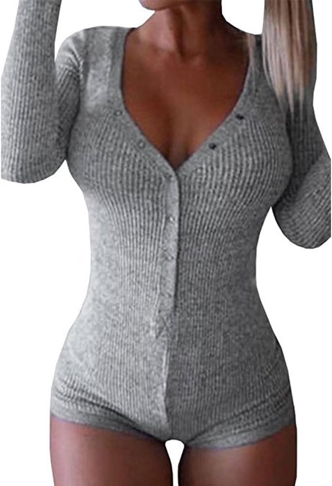 YOOGOG Women's Long Sleeve Bodysuit Polyester Cotton V-Neck Top Leotard Top Jumpsuit
