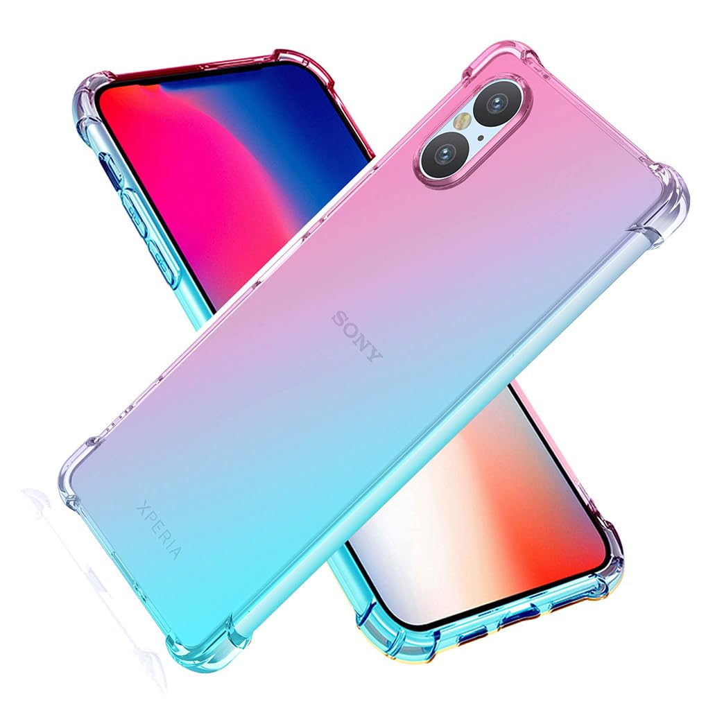 SEAHAI Case for Sony Xperia 5 V, Gradient Color Ultra-Slim Crystal Transparent Cover Clear Back [Anti-Yellow] Soft TPU Silicone Shockproof Bumper Cover, Pink/Green