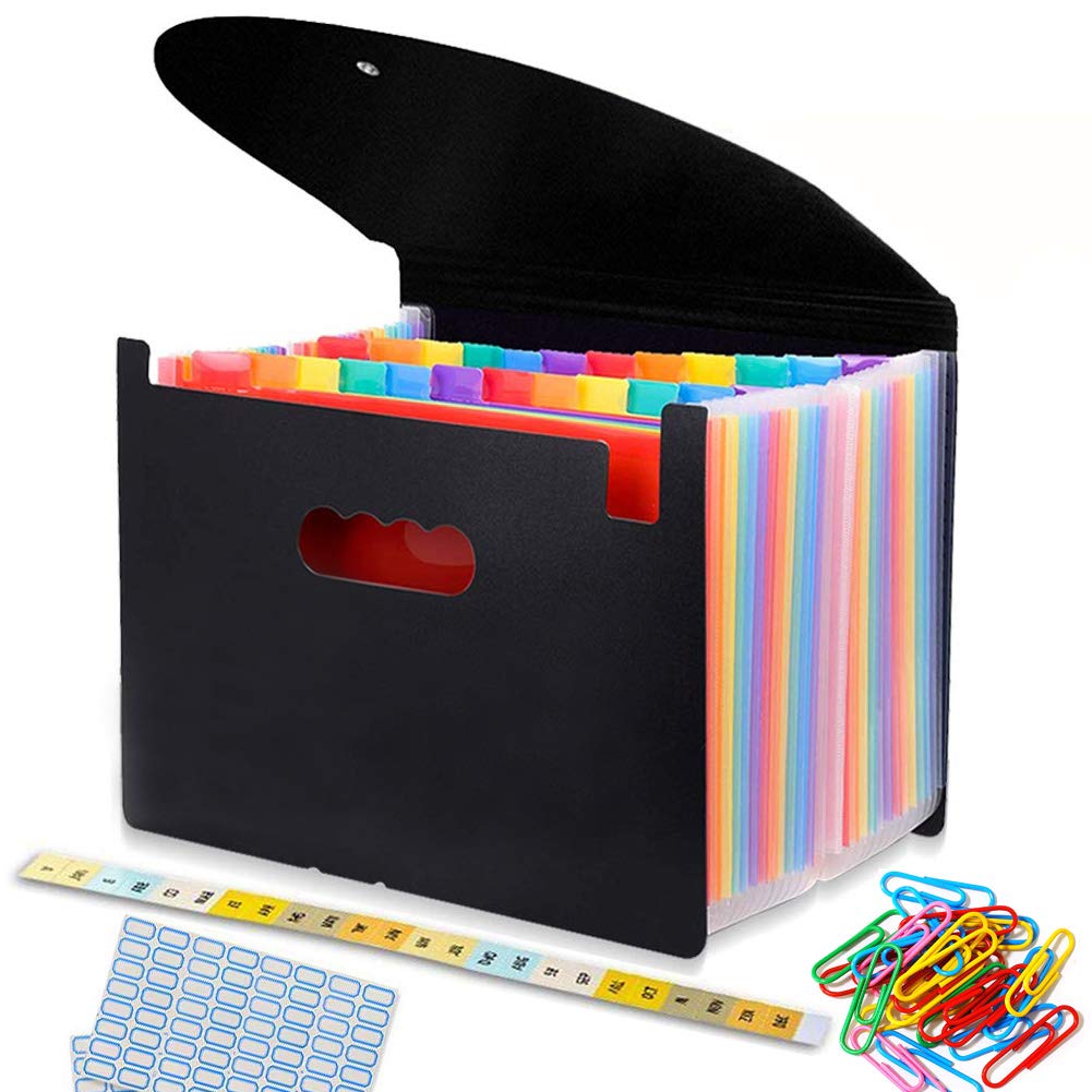 File Organiser, A4 Document Organiser 24 Pockets, Twill Expanding Accordion Filing Folders, File Storage Box with Lid, Labels and Clips (Black-C)