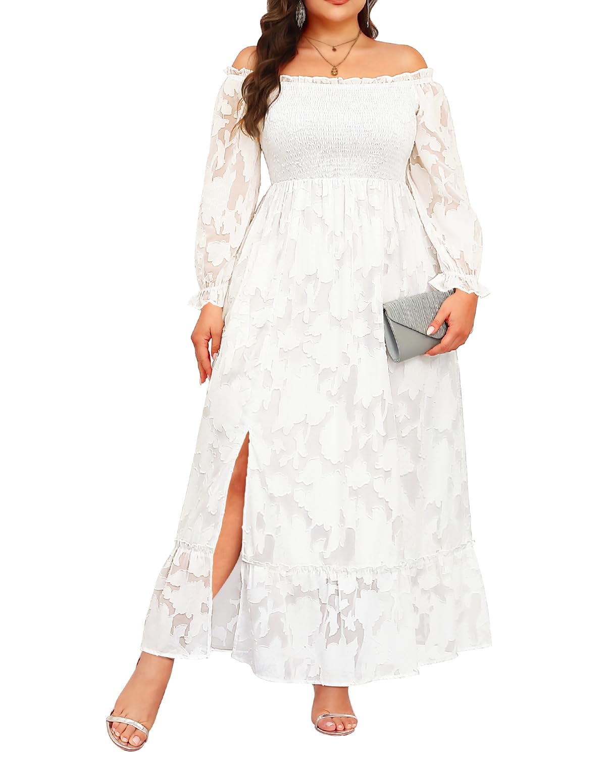 White Plus Size Flower Print Smocked Off Shoulder Dress main image 1
