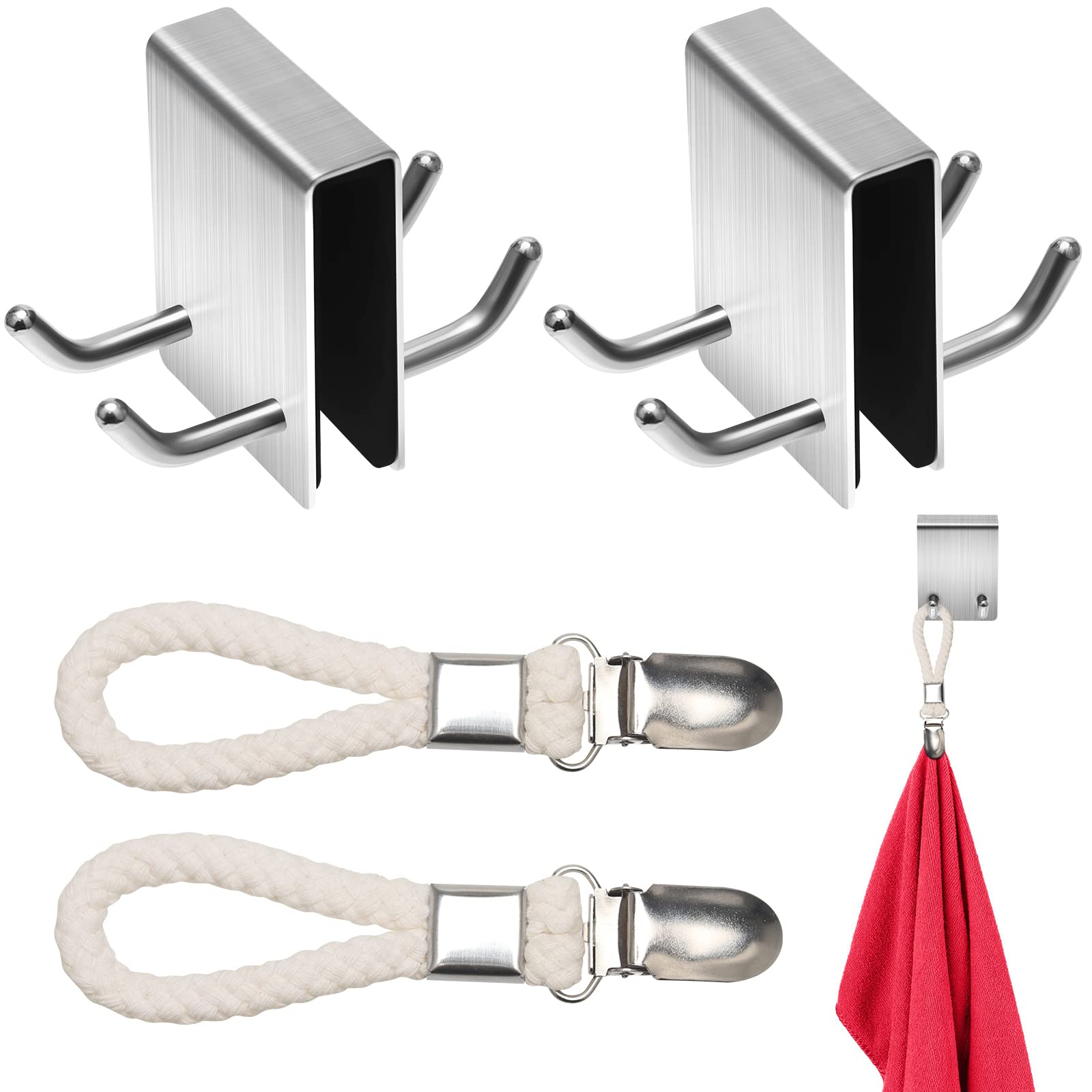 Boisbresil 4PCS Stainless Steel Towel Holder 2PCS Double Shower Screen Hook+2PCS Metal Tea Towel Hooks/Clips for Kitchen Bathroom Frameless Glass Shower Door Hangers for Robe Towel Coat(6-11mm)
