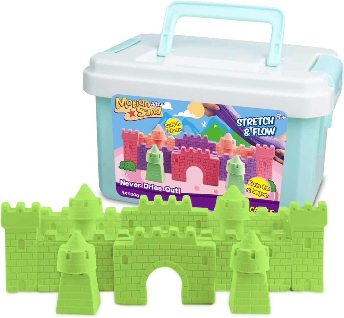 0.55LBS Super Soft Play Sand (Green), Super Castle Playset Molds Kit, Stretchy Play Air Sand Non-Toxic with 8 Pcs of Castle Molds