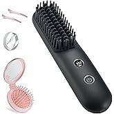 STUDLLY LCD Screen Cordless Hair Straightener Curler 2 in 1, Portable Mini Hair Straightening Brush for Travel Negative Ionic Fast Heating Hot Comb for Women, Folding Brush with Mirror, Black