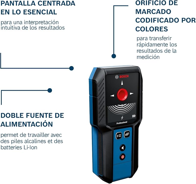 detetor de parede GMS 100-23 (profundidade máxima de deteção de metal não magnético/metal magnético/fios vivos/madeira: 100/80/50 mm, 2 pilhas AA, saco)