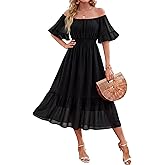 VAFOLY Women's Summer Boho Off Shoulder Midi Dress Ruffle Sleeve Smocked Elastic Waist Flowy Dresses
