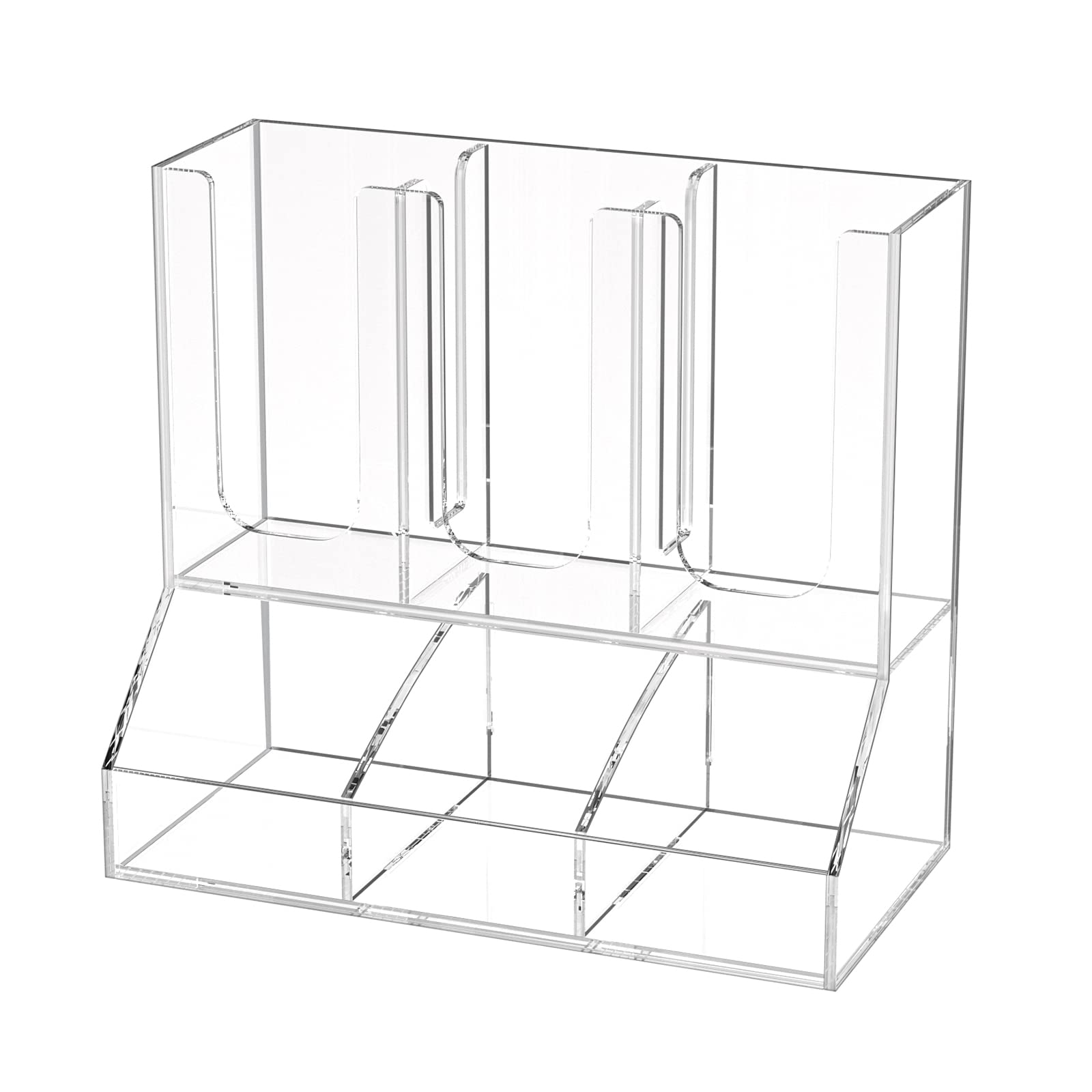 Photo 1 of Richboom Cup and Lid Organizer, 6 Compartments with 2 Removable Dividers Coffee Station Countertop Cup Dispenser Condiment Organizer Accessories Caddy for Breakroom, Office, Home - Clear