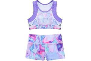 Moily Girls Two Piece Athletic Outfit Tie Dye Crop Top with Booty Shorts for Gymnastics/Dance/Sports