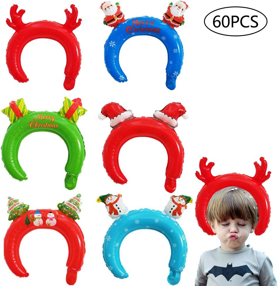YNOUU 60PCS Christmas Inflatable Headbands Balloons Hats Hair Hoops Dress Up Costumes Christmas Decorations Pretend Play Party Favors for Kids (a)
