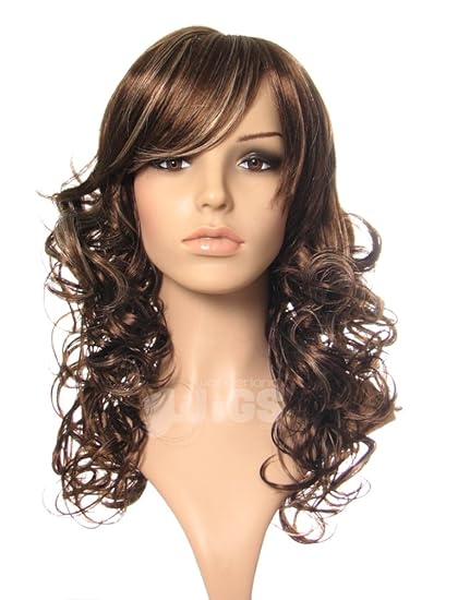 Long Brown Curly Wig With Blonde Highlights And A Fringe