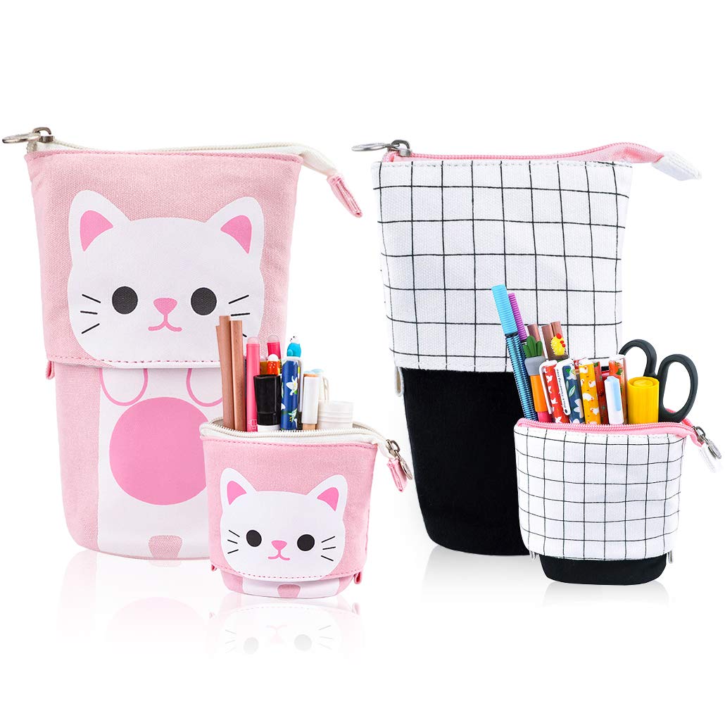iSuperb 2 Pieces Pencil Case Stand Up Pencil Holder Cute Cat Pencil Box Pen Organizer Pencil Pouch Bag with Zipper Cosmetic Canvas Stationery Makeup Bag for Boys Girls Students and Office Supplies