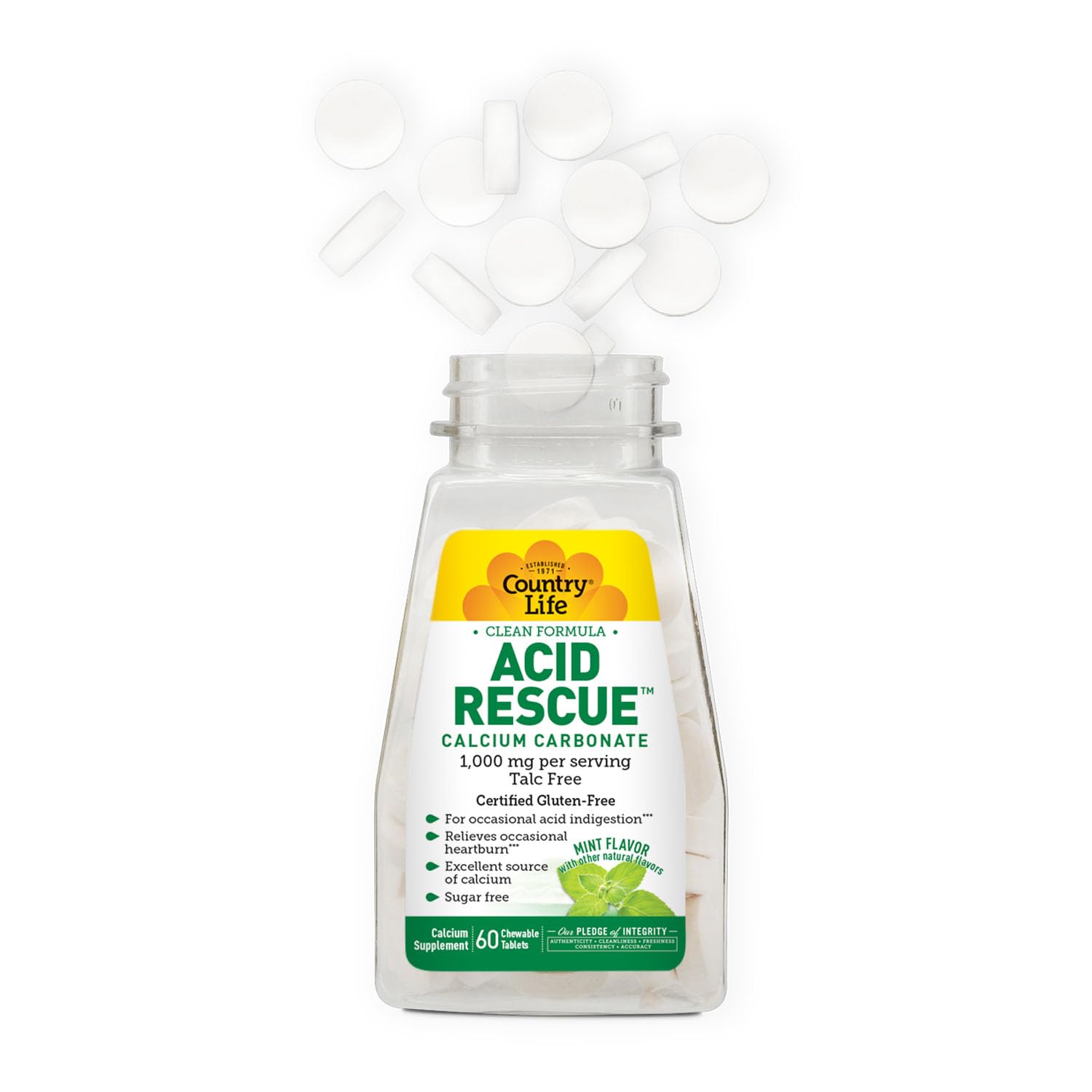 Country Life Acid Rescue Chewable Tablets - Certified Vegan & Gluten-Free Heartburn Relief, 400mg Calcium & Magnesium, Non-GMO, Sugar-Free Mint Flavor, Supports Bone Health, 60 Count