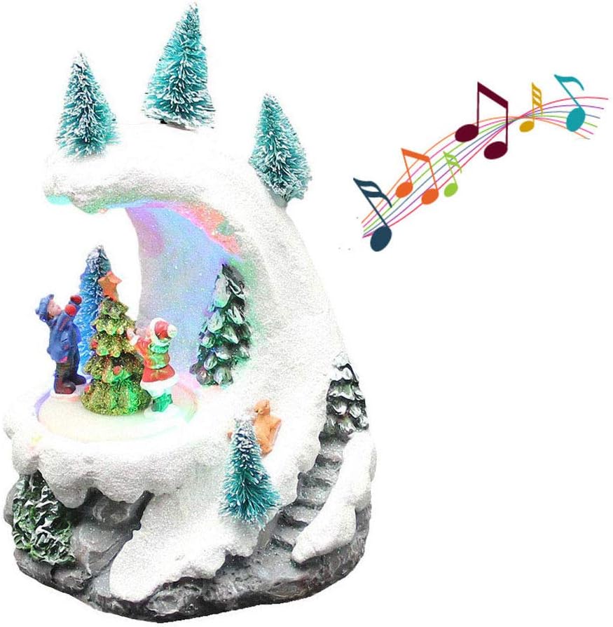 Lighted & Musical Christmas Snow Mountain with Roating Holiday Tree Children Decorating Sence Figurine Ployresin Battery Operated